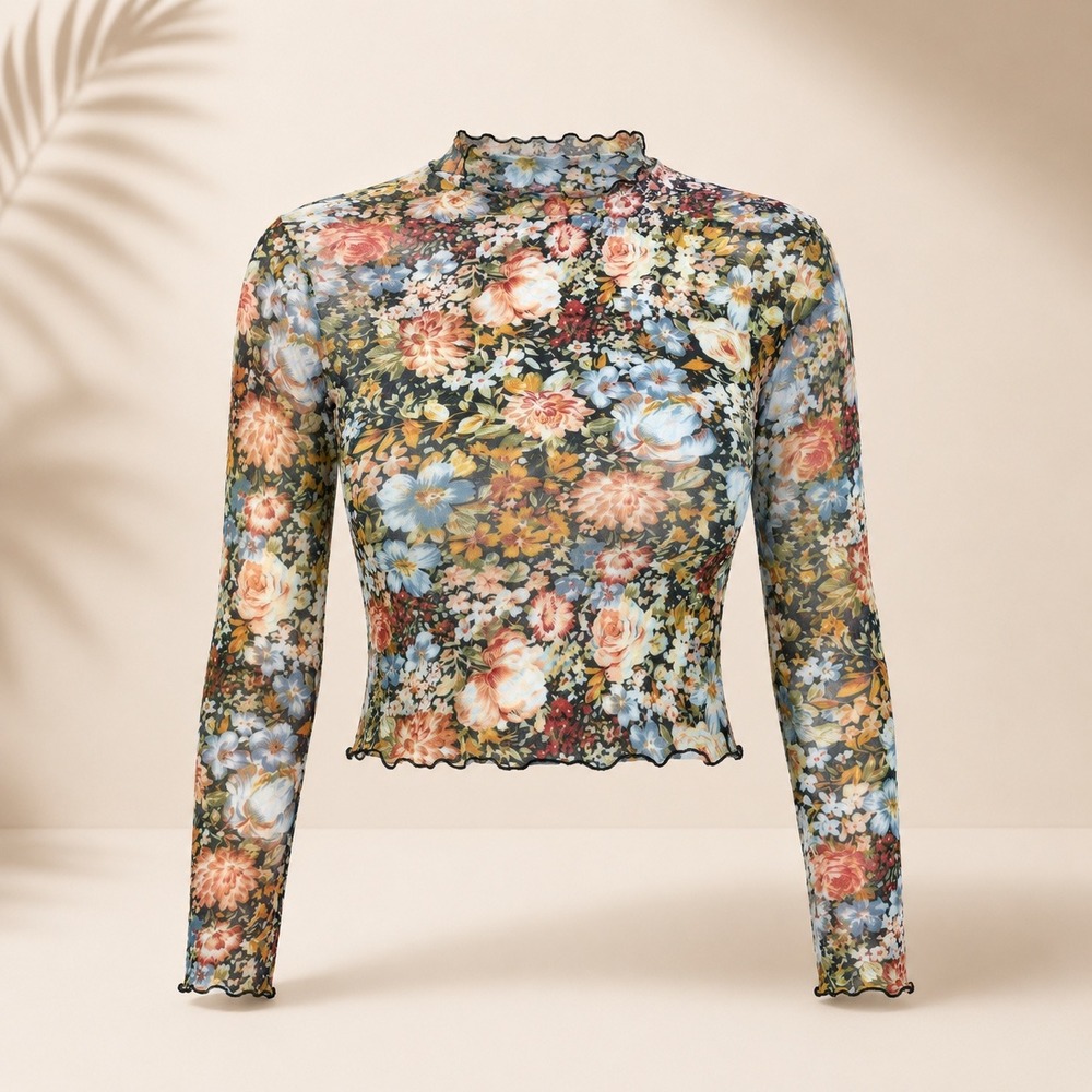 Fairycore Floral Mesh Crop Top‎ Cottagecore Romantic Grunge Dark Academia Mesh